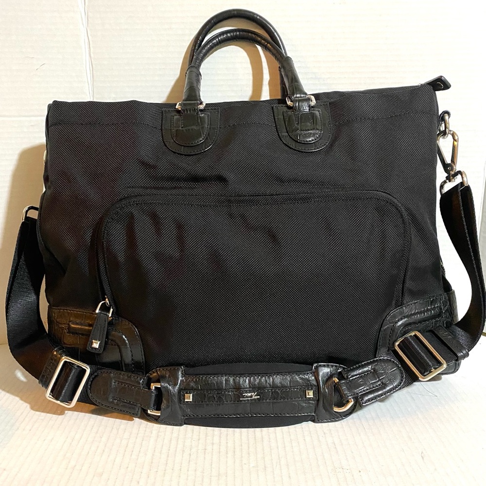 Tumi  unisex black nylon cro embossed leather satchel handbag